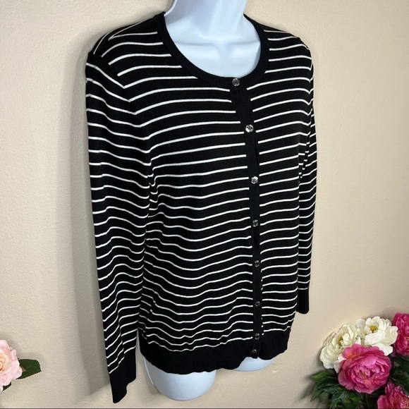 M Jones New York Black & White Striped Cardigan Sweater Long Sleeve Medium - Picture 3 of 7